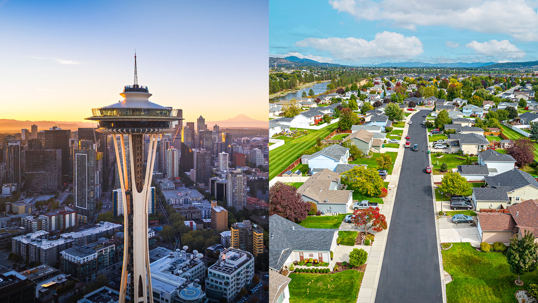Split aerial view of Seattle’s Space Needle and dense urban skyline beside a spacious Spokane Valley residential neighborhood with tree-lined streets.
