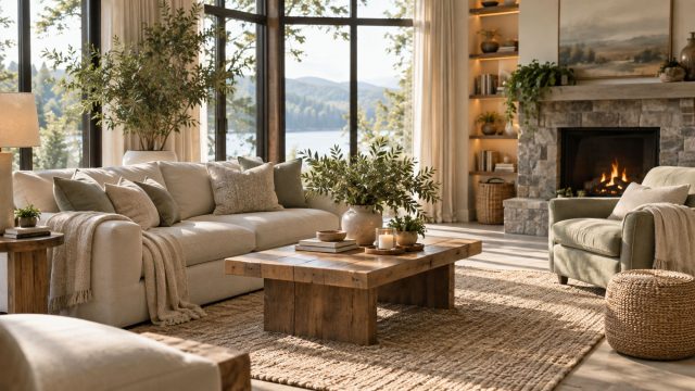 Relaxing living room with a wooden coffee table, cream sofa, sage armchair, stone fireplace, indoor plants, and large windows overlooking a lake.