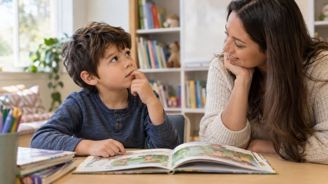 Boy points to an open storybook while looking up at a woman beside him, with bookshelves in the softly blurred background.