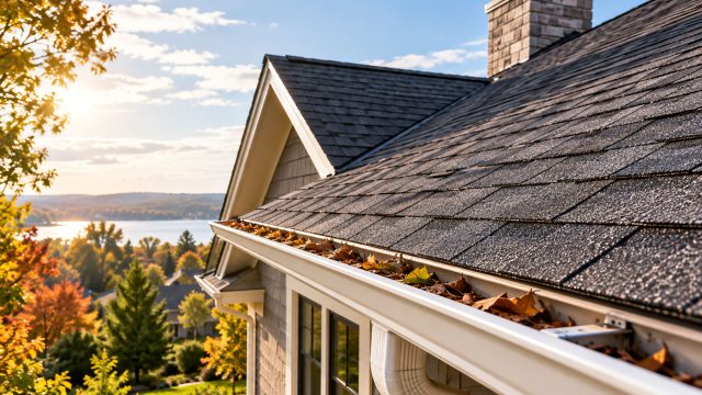 Charcoal shingle roof with autumn leaves collected in a white gutter, a stone chimney, and a lake beyond the surrounding trees.