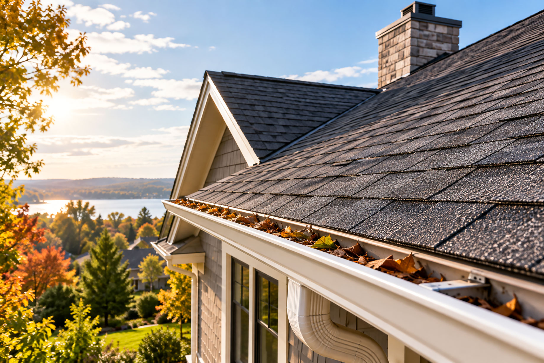 Charcoal shingle roof with autumn leaves collected in a white gutter, a stone chimney, and a lake beyond the surrounding trees.