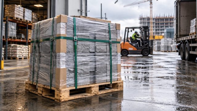 Pallet of masonry blocks secured with stretch film, green PET strapping, buckles, and corner protectors in a wet construction loading yard.