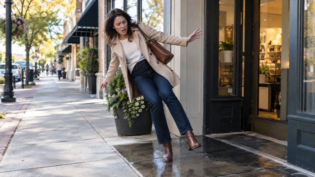 Woman losing her balance on wet paving outside a shop entrance, with storefronts and a tree-lined sidewalk behind her.