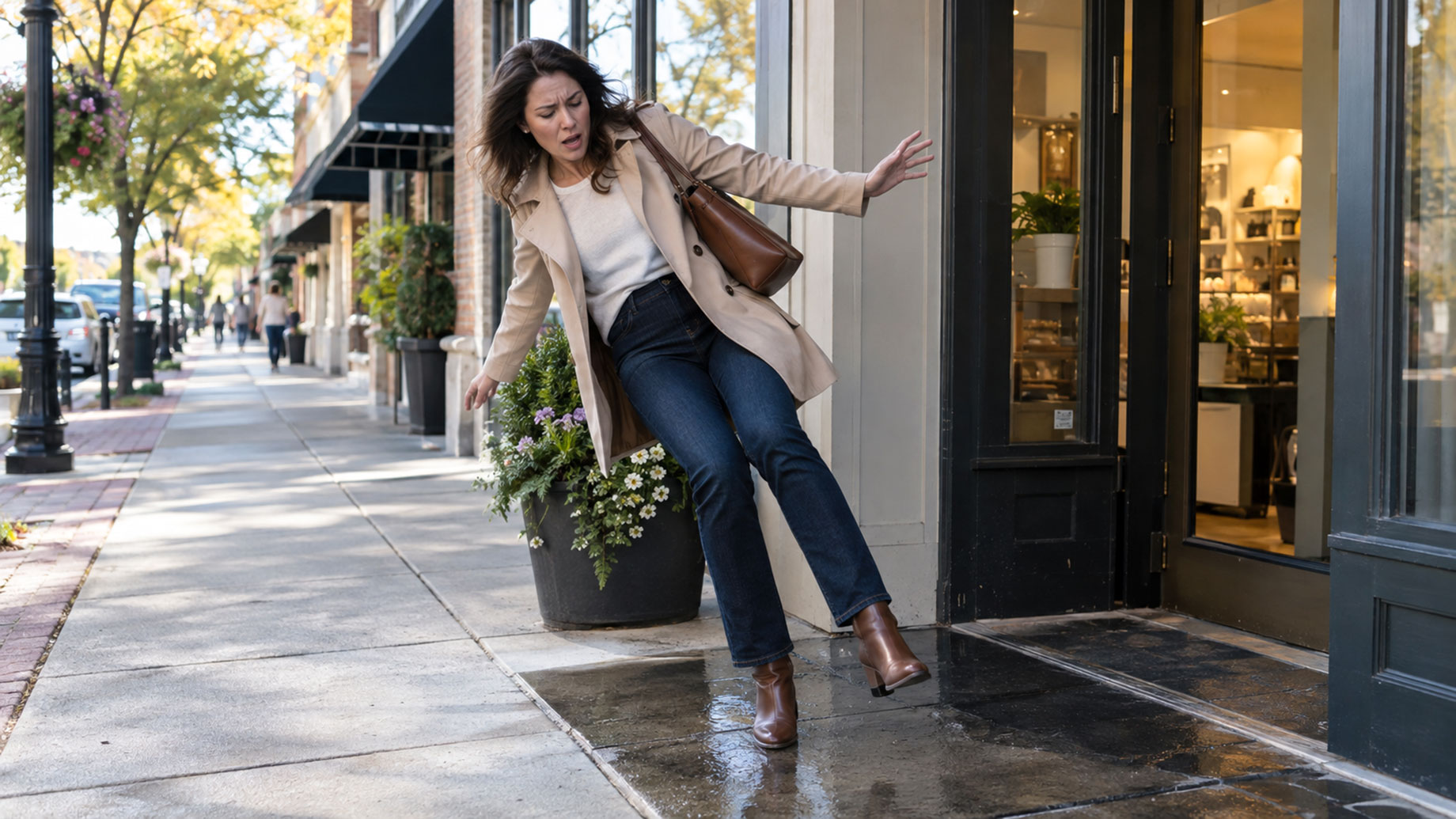 Woman losing her balance on wet paving outside a shop entrance, with storefronts and a tree-lined sidewalk behind her.