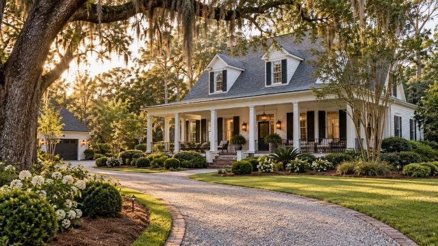 White home with dark shutters and a covered porch beside a curved gravel driveway, framed by an oak draped in Spanish moss.
