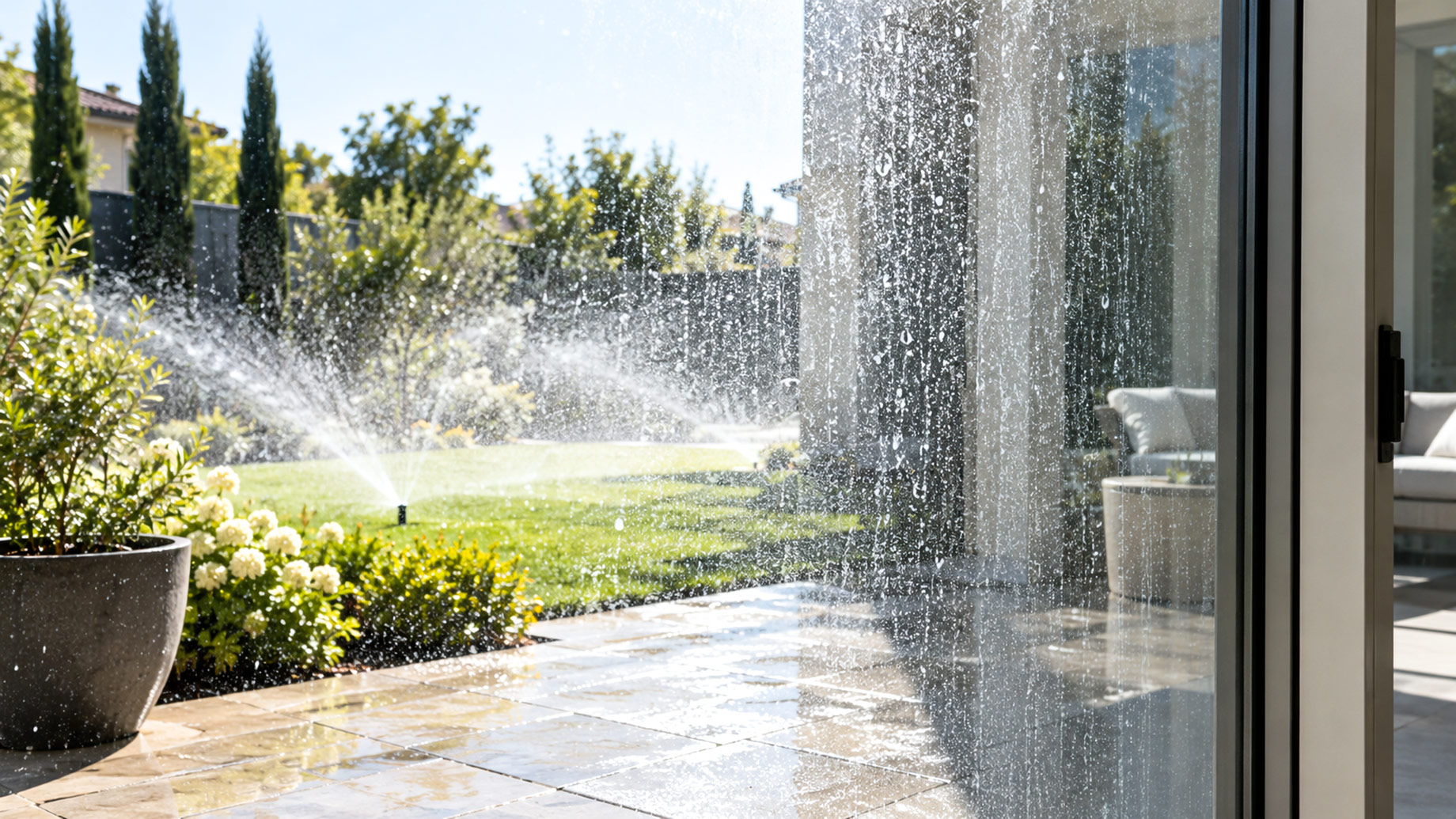 Lawn sprinklers spraying water onto a glass patio door covered with droplets and white mineral spots beside a landscaped garden.