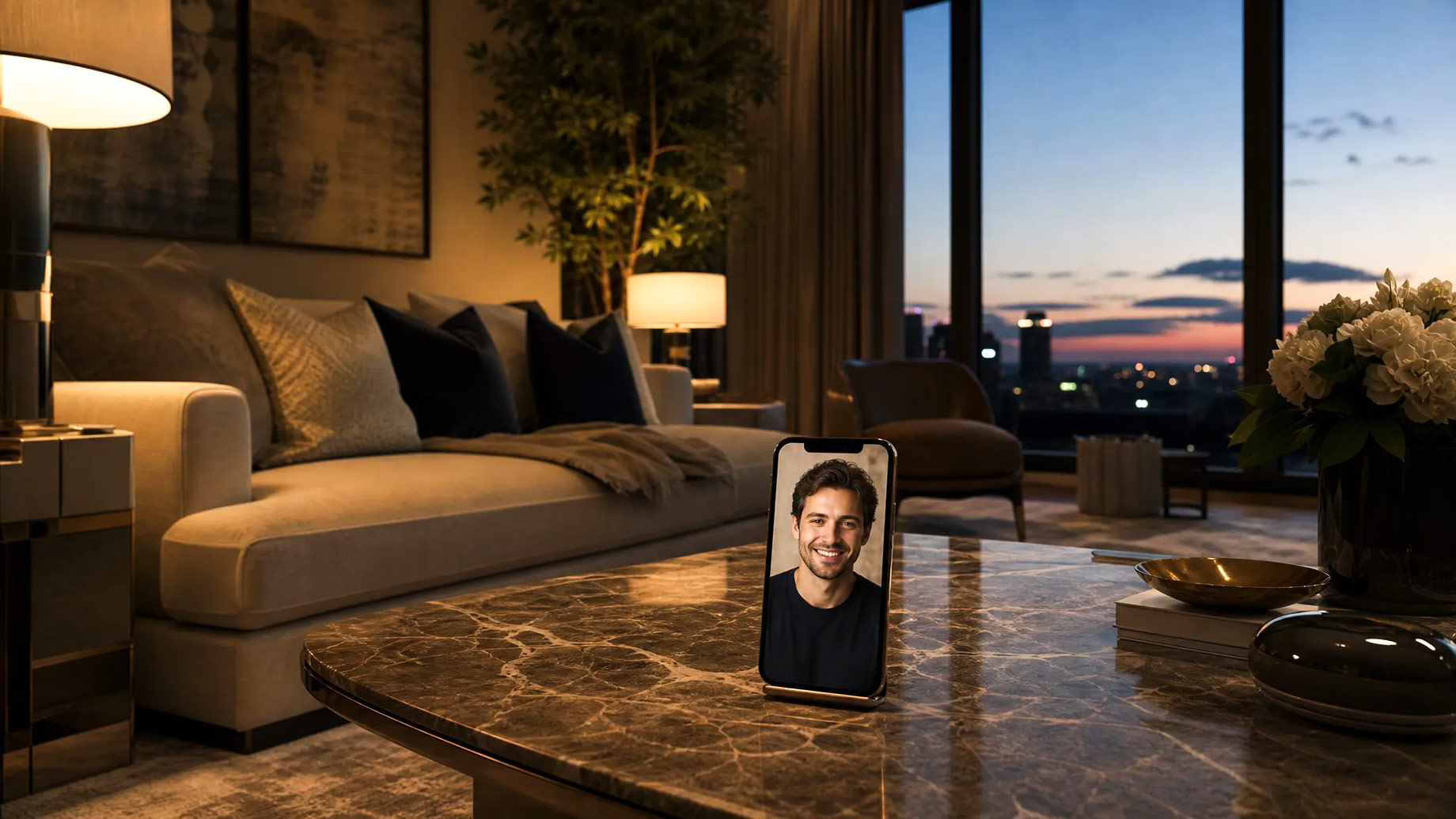 A smartphone displaying a smiling man stands on a marble coffee table in a warmly lit luxury living room overlooking a city at dusk.