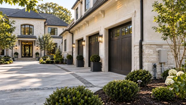 Stone and stucco home with three dark paneled garage doors, wall lanterns, a wide paved driveway, and manicured landscaping.