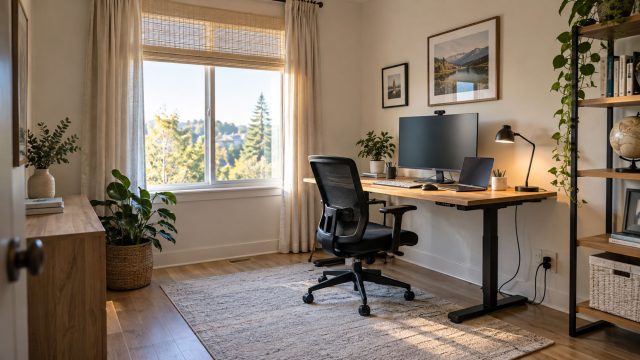 Wood-top desk with a monitor, laptop, and black mesh chair beside a large window, with shelving, plants, and a pale rug.