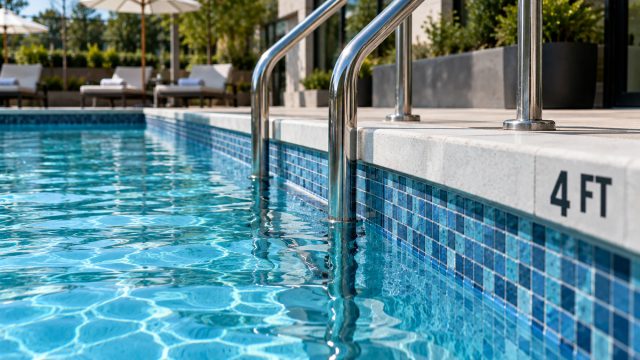 Close-up of a commercial swimming pool with clear blue water, patterned pool walls, stainless steel handrails, and a four-foot depth marker.