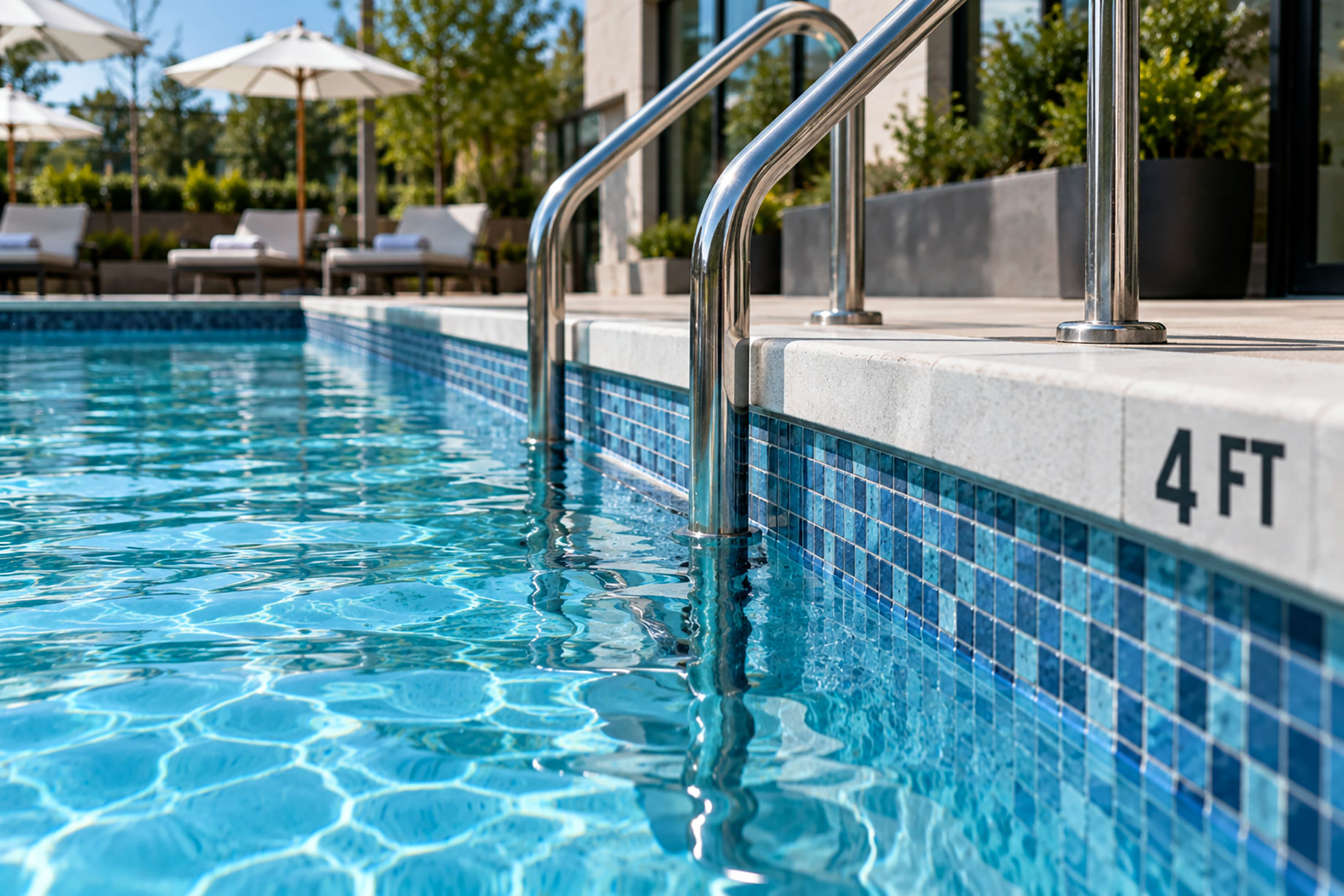 Close-up of a commercial swimming pool with clear blue water, patterned pool walls, stainless steel handrails, and a four-foot depth marker.