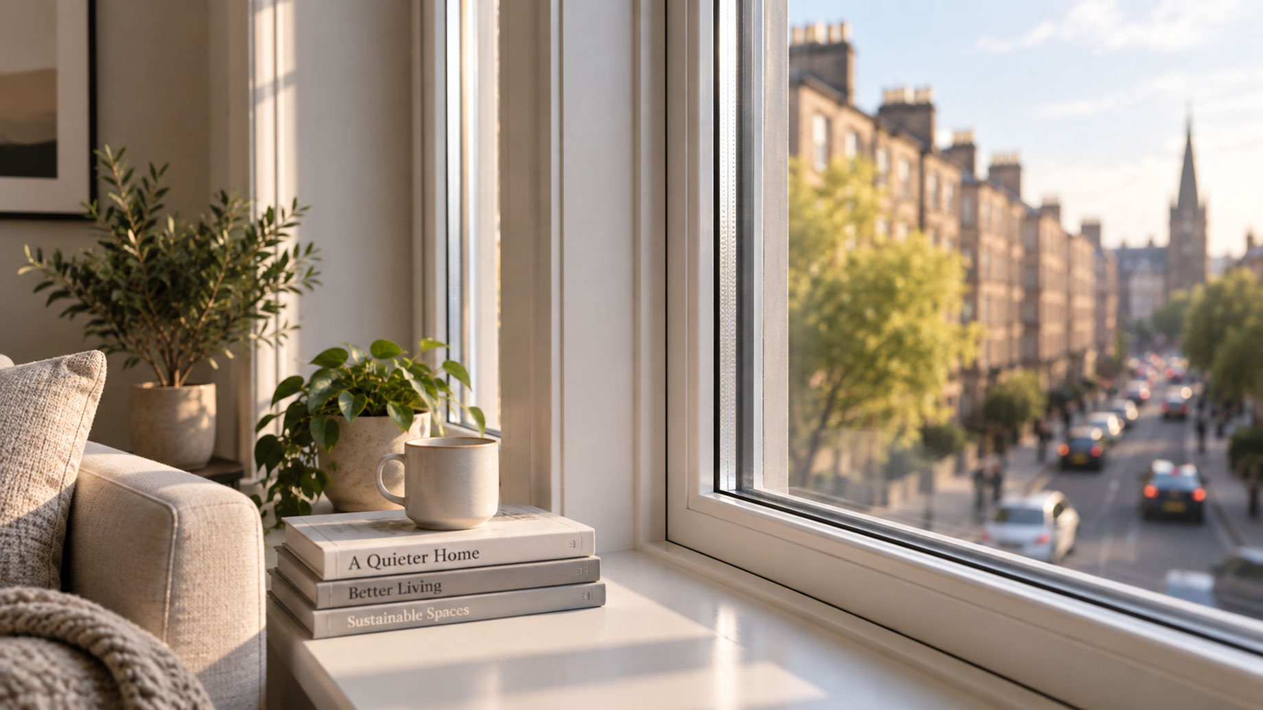 White-framed window overlooking a city street, with a cream sofa, potted plants, and a ceramic mug resting on stacked books inside.