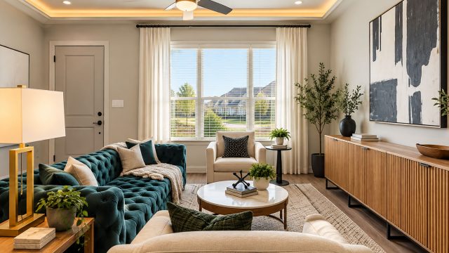 Teal tufted sofa and cream armchairs around a round coffee table, with a slatted wood sideboard and a large curtained window.
