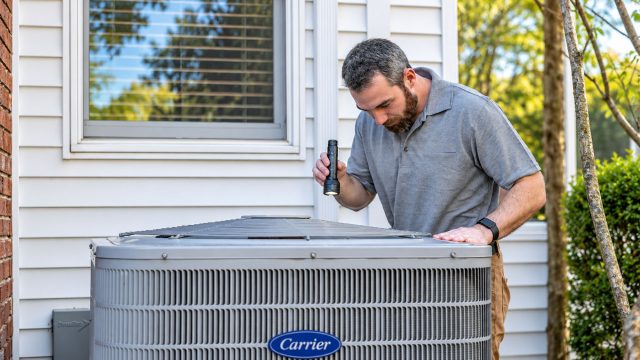 HVAC technician using a flashlight to inspect an outdoor residential heat pump unit beside a house.