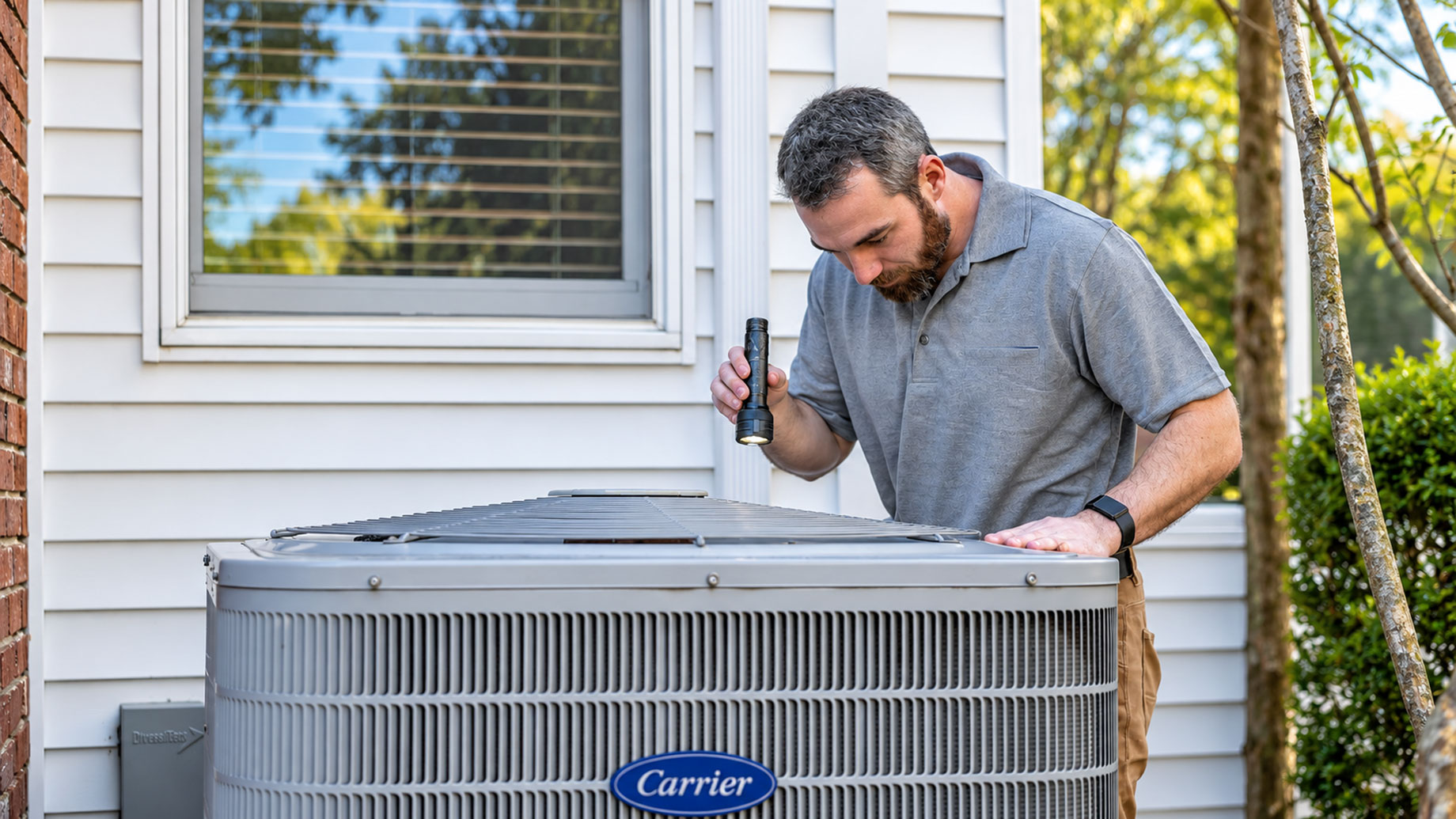 HVAC technician using a flashlight to inspect an outdoor residential heat pump unit beside a house.