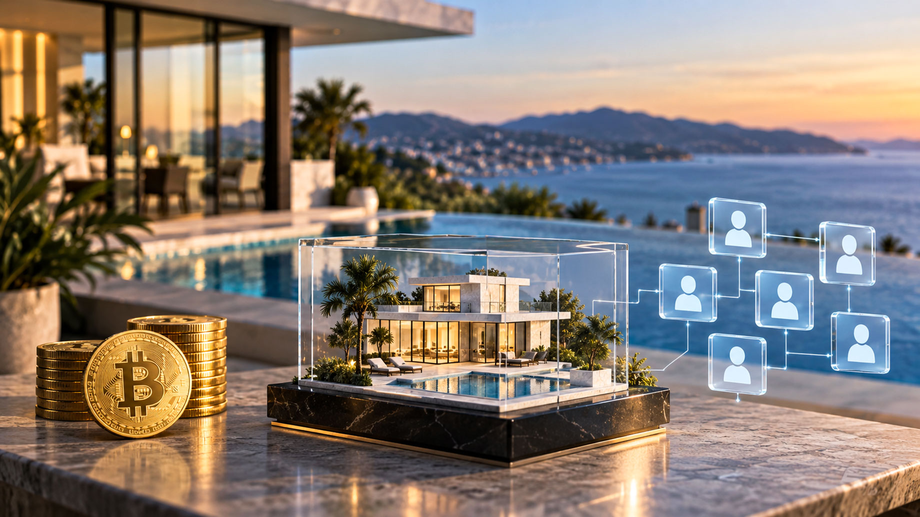 Miniature luxury villa in a glass case beside Bitcoin coins and connected investor icons, with an infinity pool and coastal views beyond.