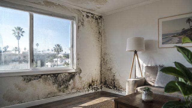 Extensive mold and moisture damage spreading around a window and interior walls inside a coastal San Diego rental home.