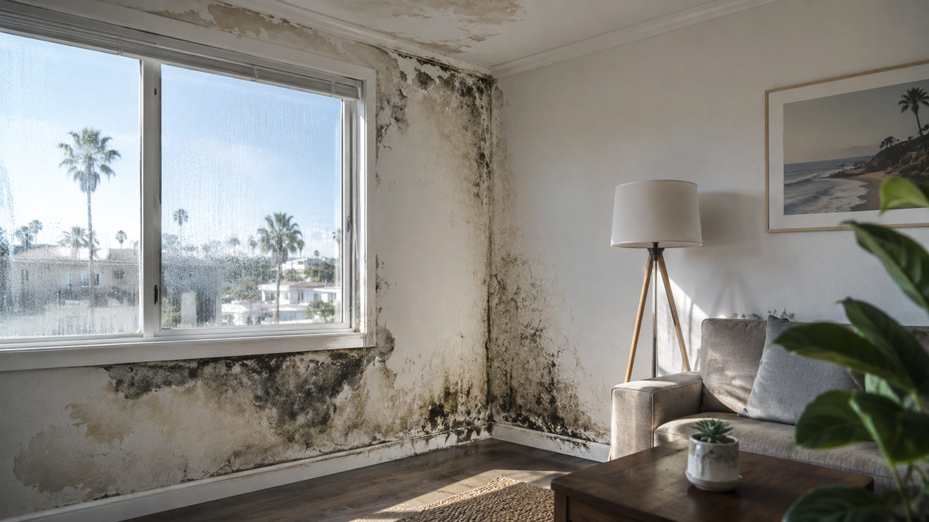 Extensive mold and moisture damage spreading around a window and interior walls inside a coastal San Diego rental home.