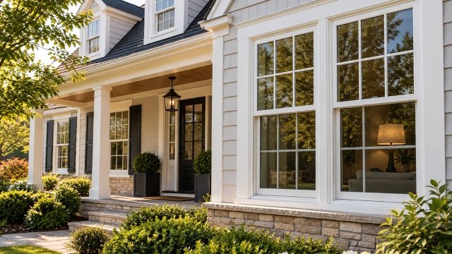 White-framed grid windows reflect trees beside a covered porch, dark front door, and landscaped garden on a traditional home.