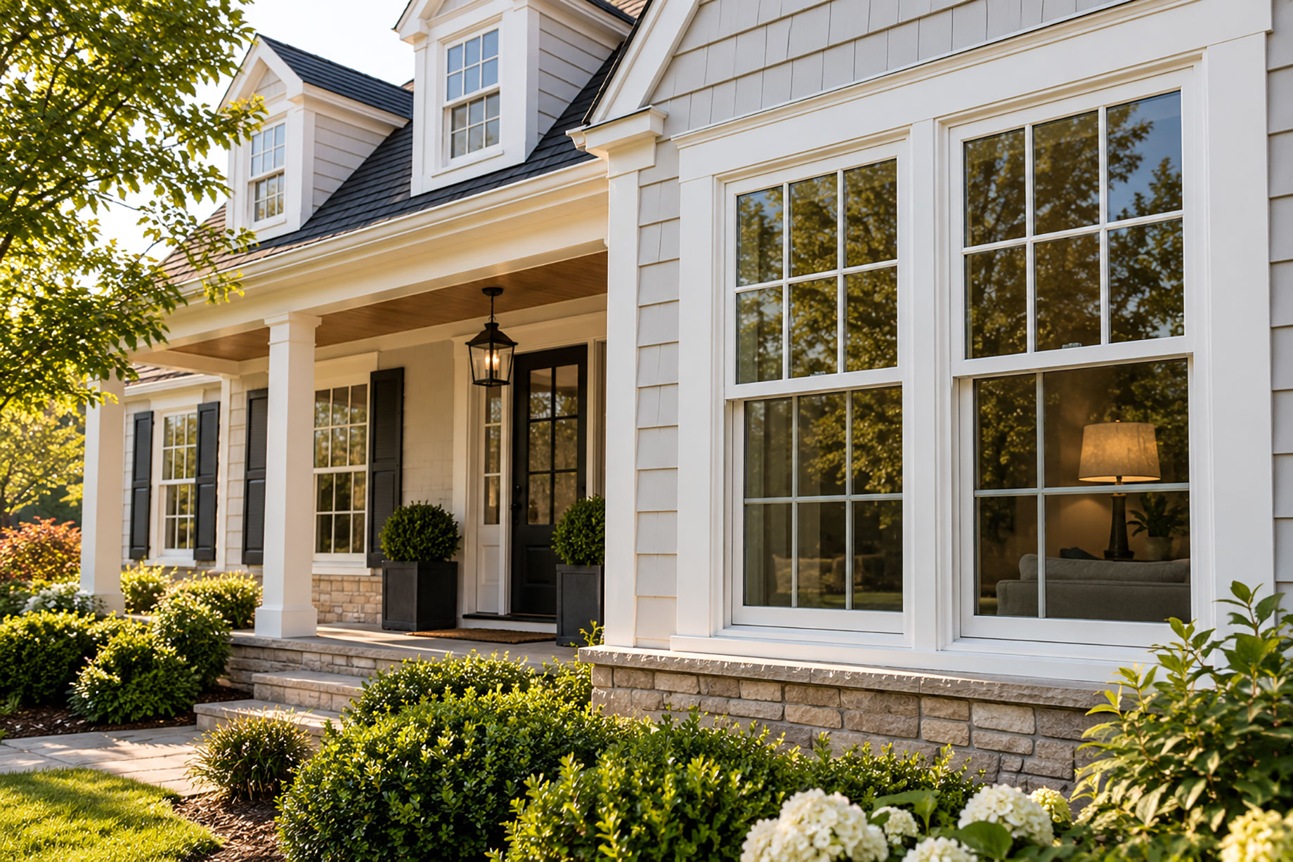 White-framed grid windows reflect trees beside a covered porch, dark front door, and landscaped garden on a traditional home.