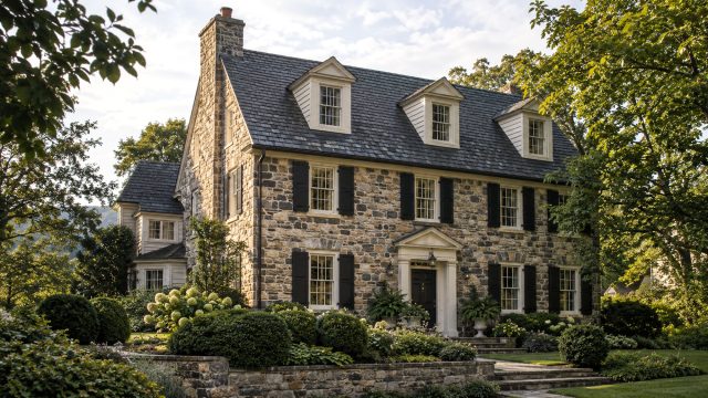 Stone house with a steep slate-style roof, three white dormer windows, dark shutters, and a tall chimney, framed by mature trees.