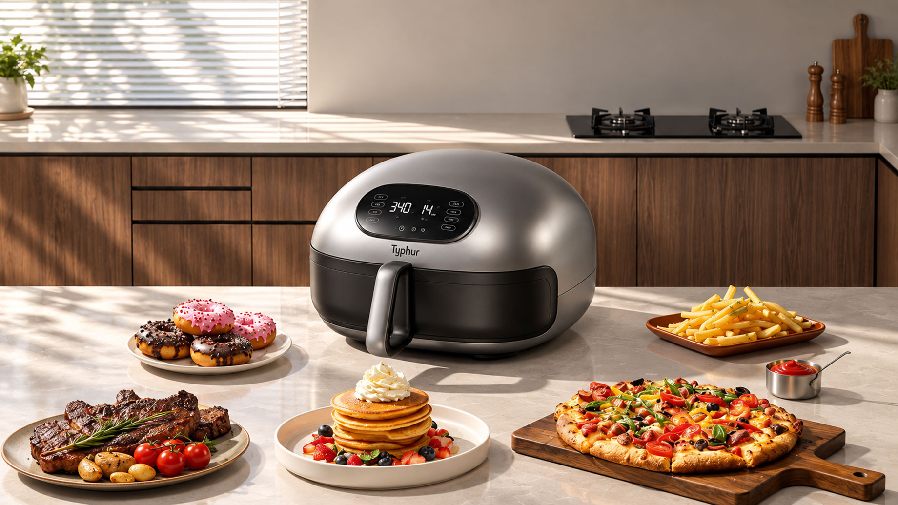 Typhur air fryer on a stone island with pizza, pancakes, steak, doughnuts, and fries in a sunlit kitchen with wood cabinetry.