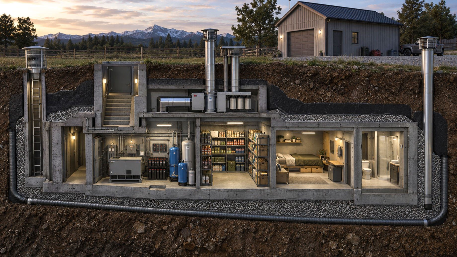 Cutaway view of an underground bunker with reinforced concrete walls, ventilation, utility systems, storage, living quarters, and emergency access.