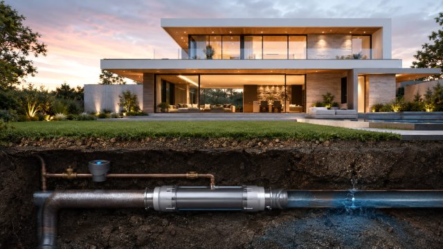 Contemporary luxury estate above a soil cutaway revealing underground plumbing, leak-detection equipment, and water escaping from a damaged pipe.