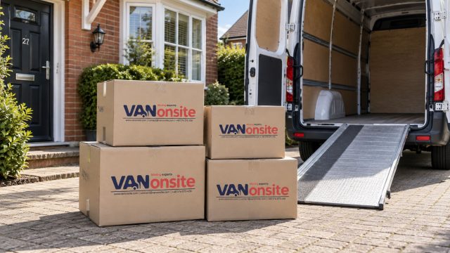 VANonsite moving boxes stacked outside a British home beside an open removal van with a loading ramp.