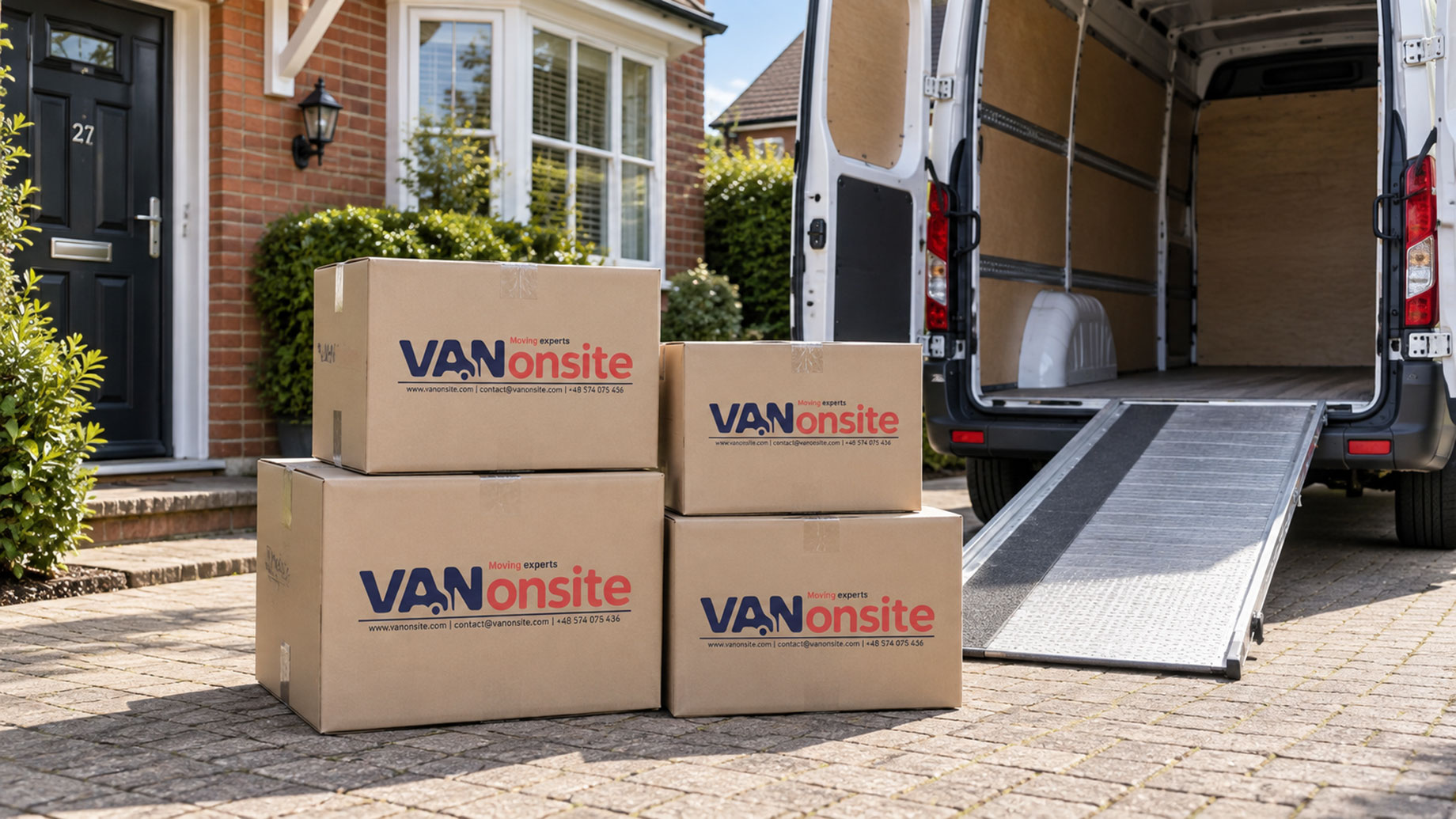 VANonsite moving boxes stacked outside a British home beside an open removal van with a loading ramp.