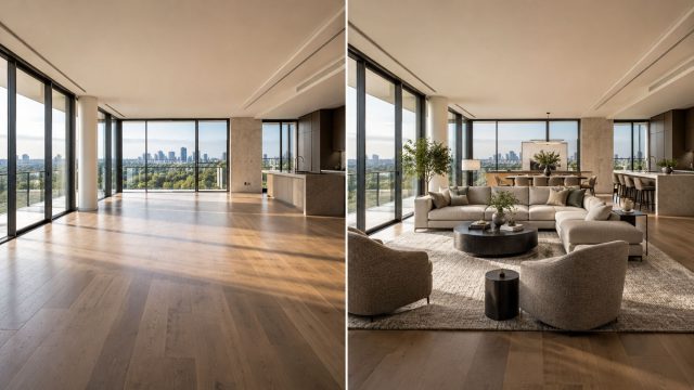 Side-by-side view of the same luxury penthouse living area shown empty on one side and virtually staged with elegant furnishings on the other.