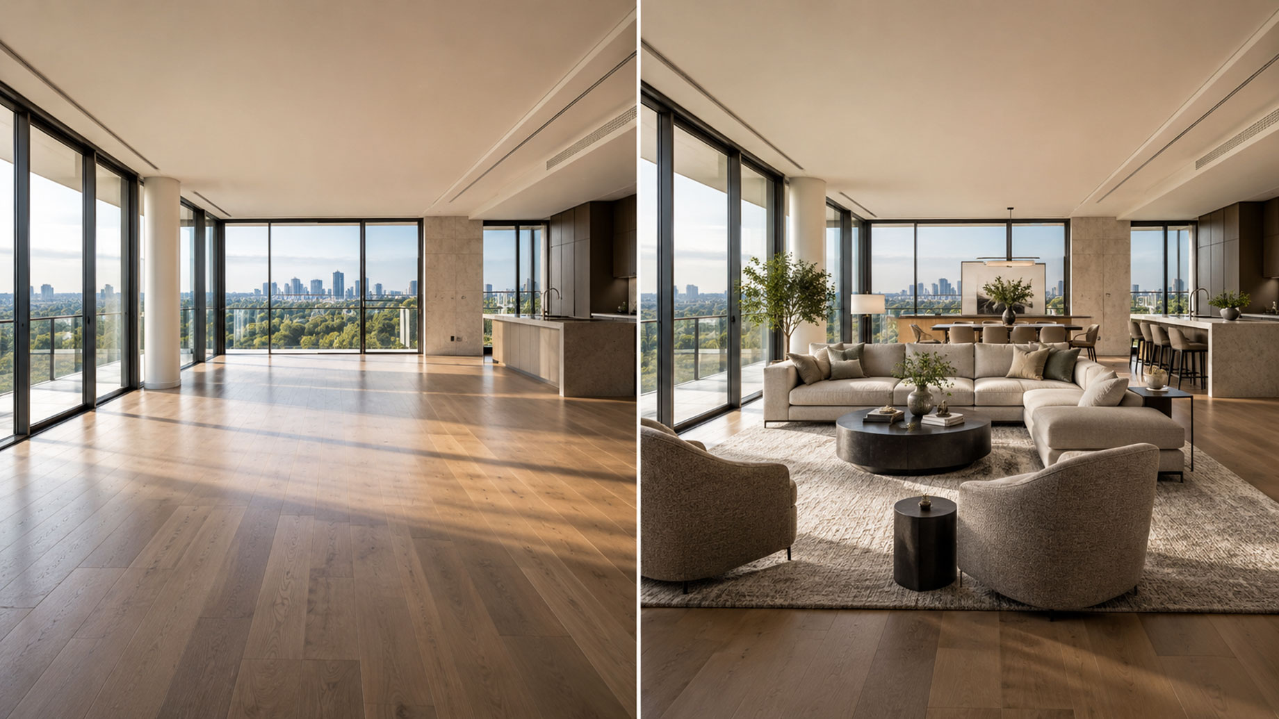 Side-by-side view of the same luxury penthouse living area shown empty on one side and virtually staged with elegant furnishings on the other.