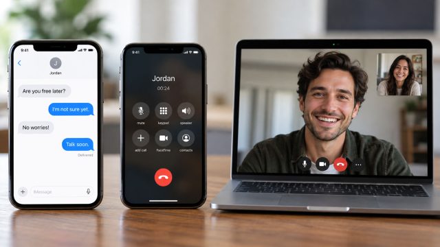 Two smartphones displaying a text conversation and active voice call beside a laptop showing a video chat between a man and woman.