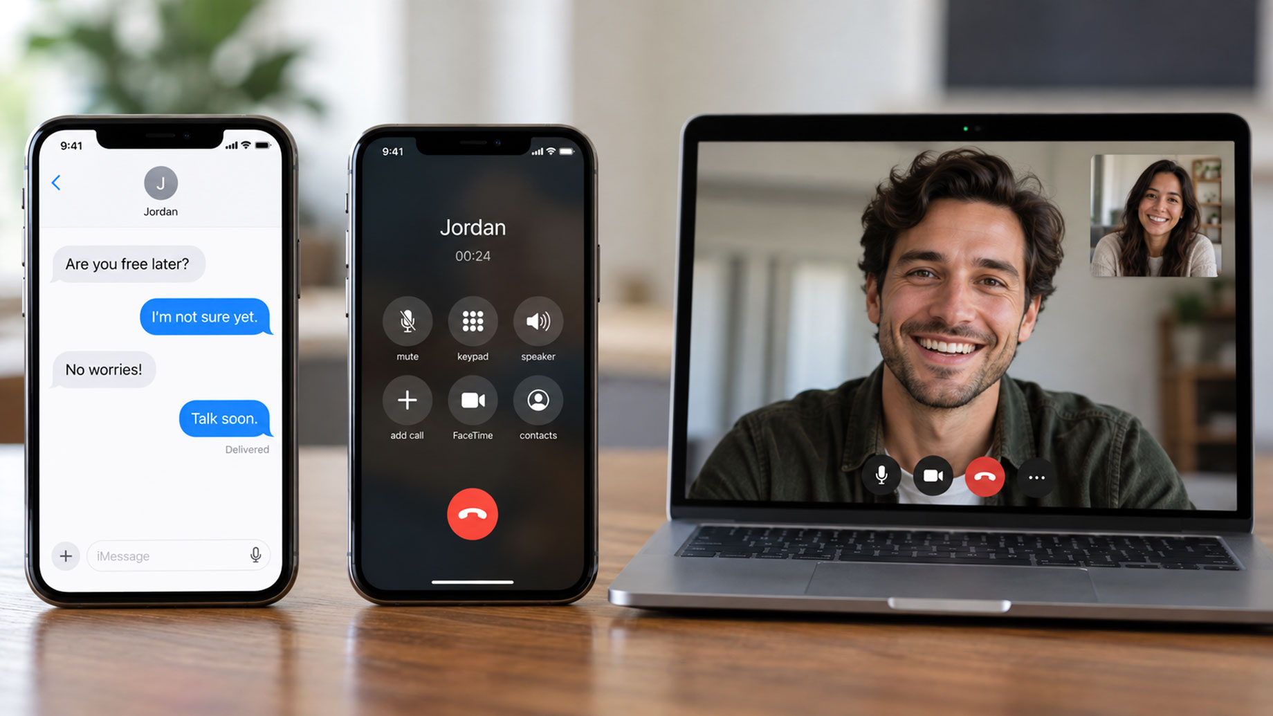 Two smartphones displaying a text conversation and active voice call beside a laptop showing a video chat between a man and woman.