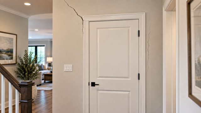 Diagonal and vertical wall cracks surrounding a closed interior door in a residential hallway, showing possible signs of structural movement.
