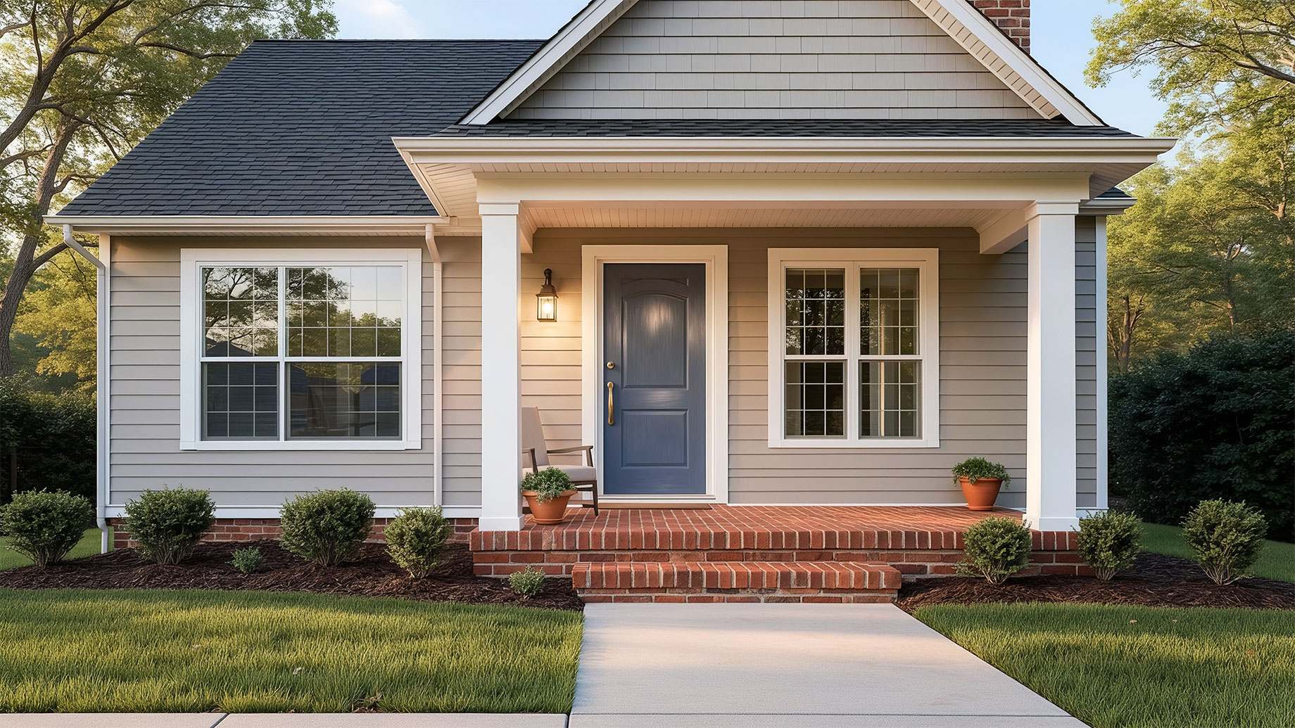 Gray-sided home with a blue front door, brick porch, white columns, trimmed shrubs, and a neatly edged lawn in warm afternoon light.