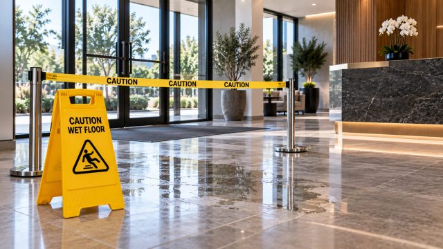 Wet floor in a modern commercial lobby secured with a yellow caution sign and barrier tape near the main entrance.