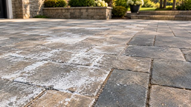 Chalky white deposits across gray and beige patio pavers, with stone walls and garden planting softly blurred in the background.