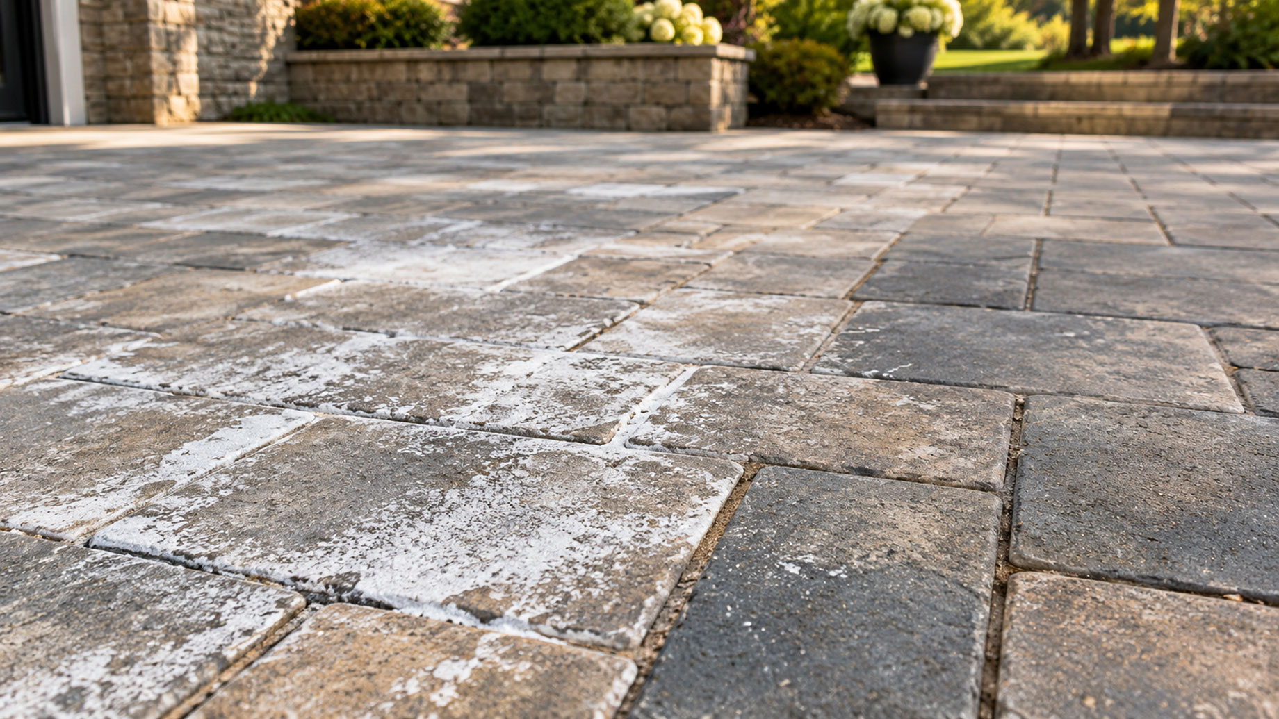 Chalky white deposits across gray and beige patio pavers, with stone walls and garden planting softly blurred in the background.