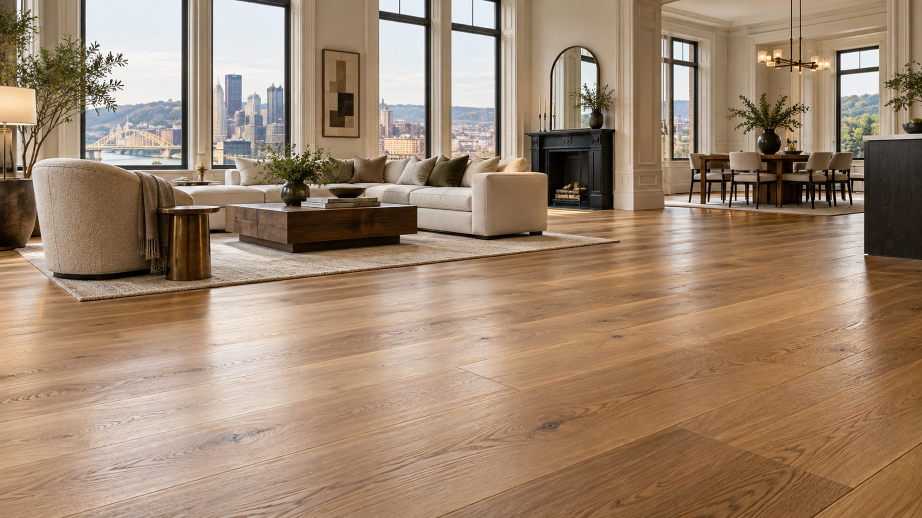 Wide-plank hardwood flooring throughout an elegant open-plan living and dining room overlooking the Pittsburgh skyline.