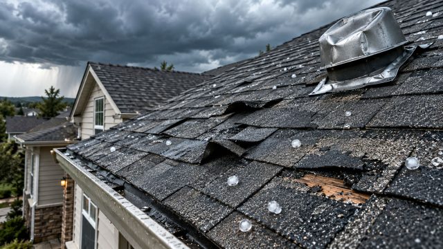 Asphalt roof shingles damaged by strong wind and hail, with lifted sections, granule loss, exposed decking, and dented metal flashing.