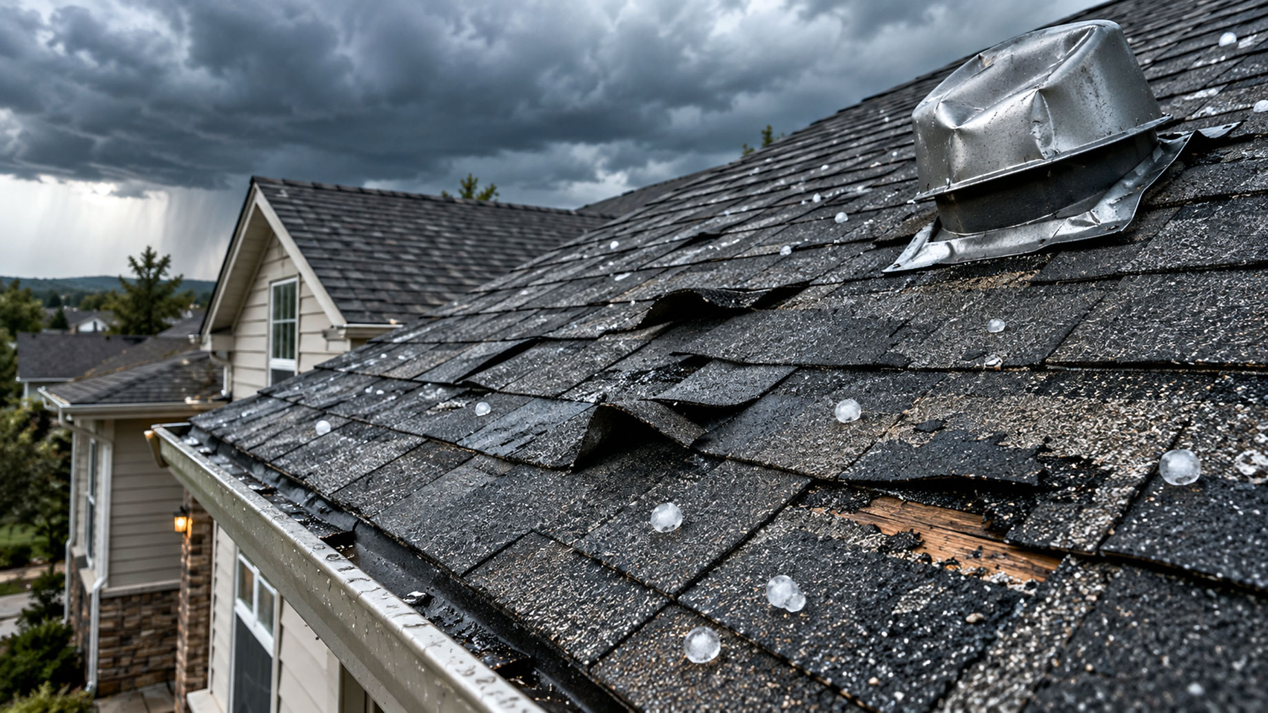 Asphalt roof shingles damaged by strong wind and hail, with lifted sections, granule loss, exposed decking, and dented metal flashing.