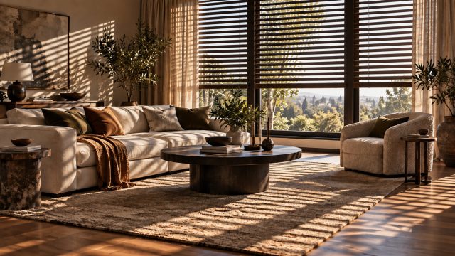Dark wood blinds cast striped shadows across a cream sofa, textured rug, and wood floor, with linen curtains framing the windows.