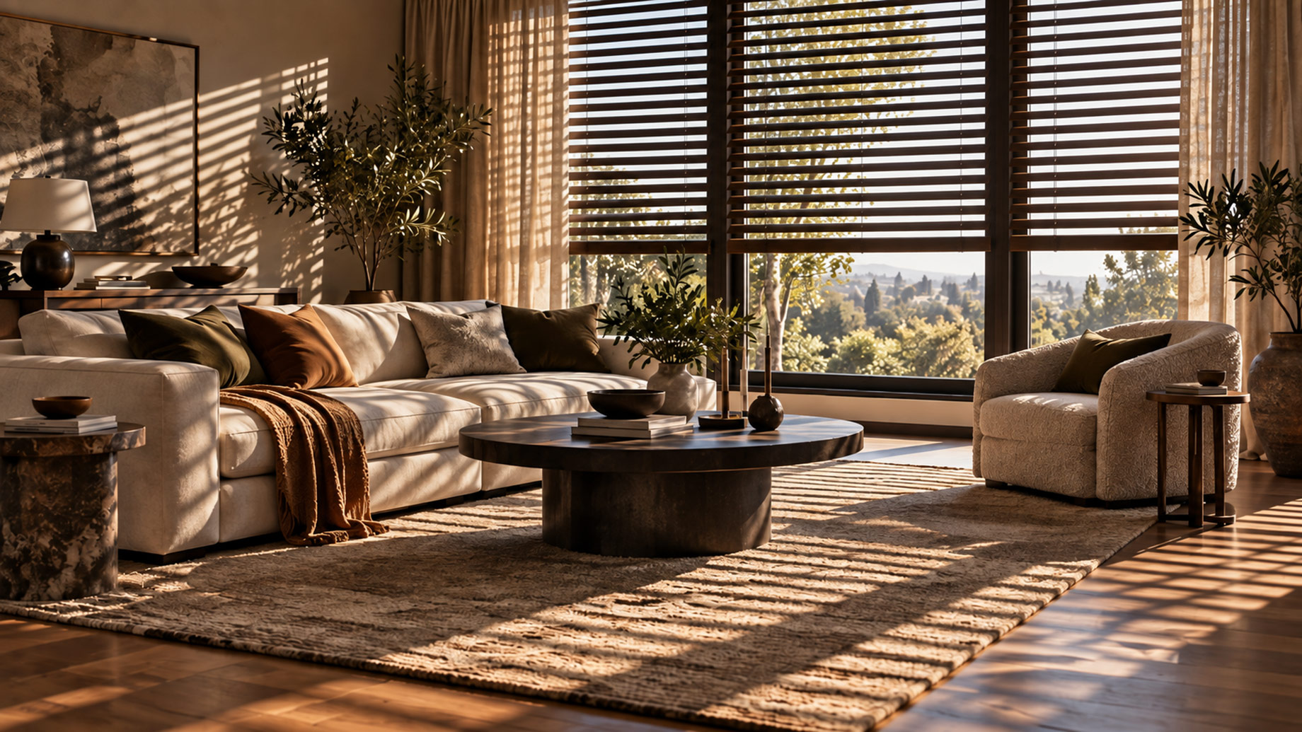 Dark wood blinds cast striped shadows across a cream sofa, textured rug, and wood floor, with linen curtains framing the windows.