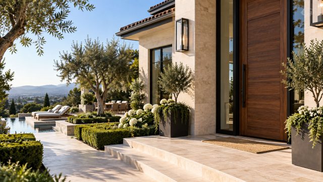 Tall wood entrance door with black-framed sidelights, pale stone steps, and dark planters beside a landscaped pool terrace.