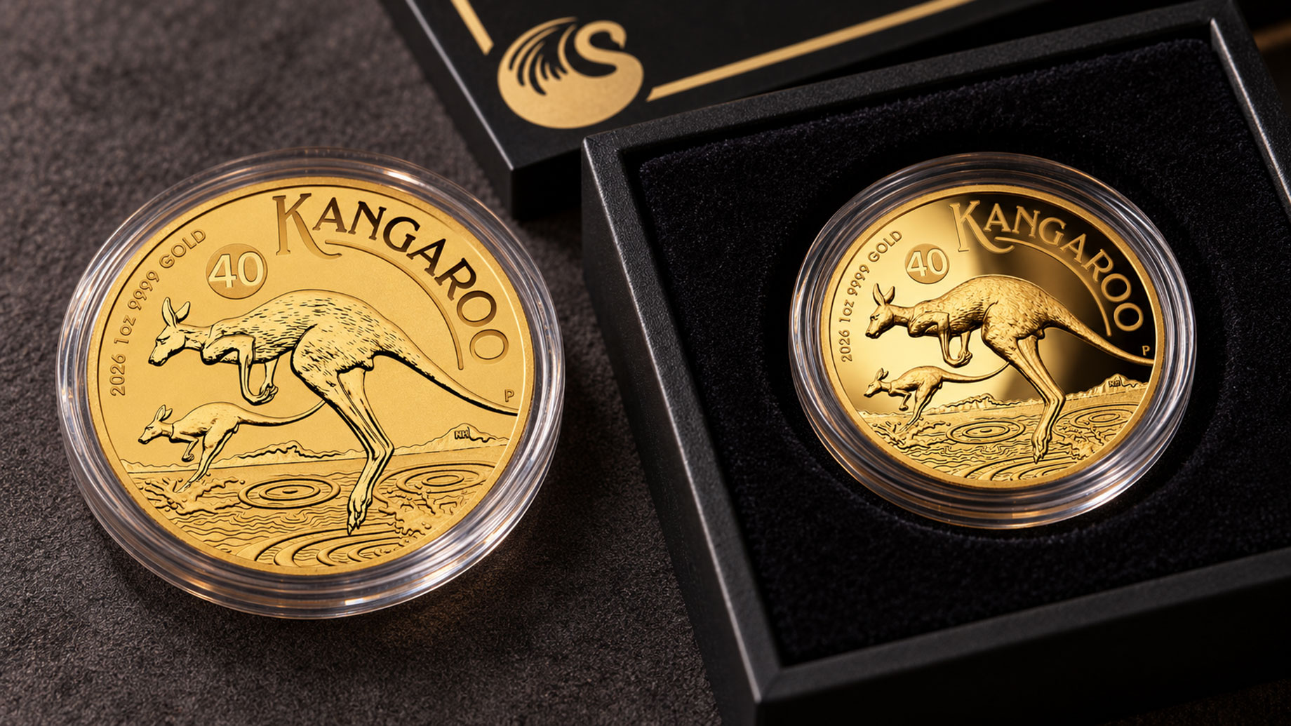 Bullion and proof 2026 Australian Kangaroo gold coins in clear capsules, with the proof inside a black presentation case.