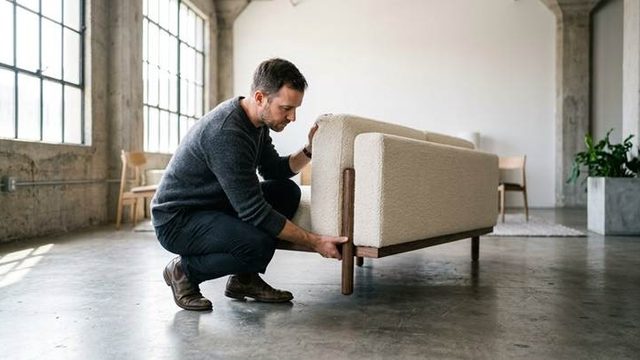 A man inspects the corner of a modern sofa in a bright furniture showroom testing its weight to assess its high end quality construction.