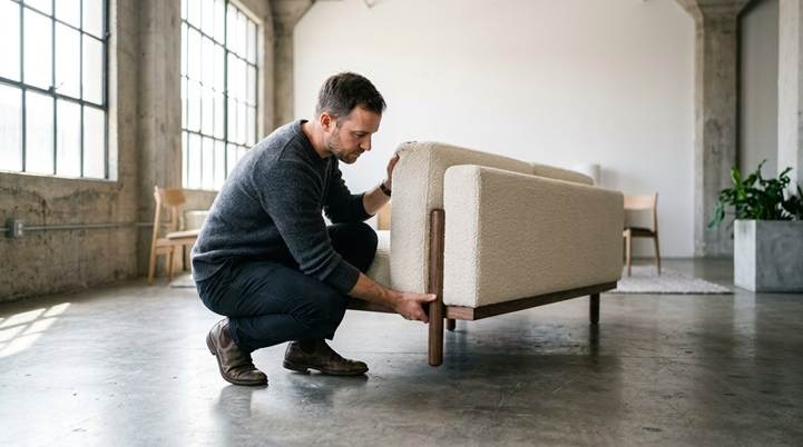 A man inspects the corner of a modern sofa in a bright furniture showroom testing its weight to assess its high end quality construction.