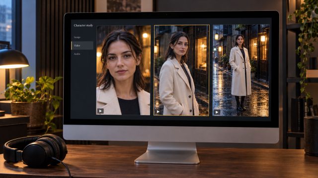iMac displaying three vertical shots of a woman in a cream coat on a rainy street, with studio headphones on the desk.