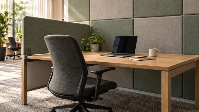 Oak desk with a laptop, fabric divider and upholstered chair against sage and grey acoustic wall panels.
